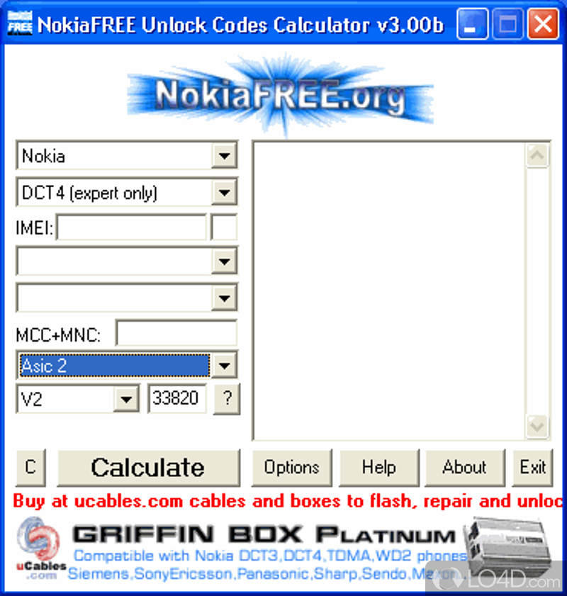 Allows additional operations on Nokia phones - Screenshot of NokiaFree Unlock Codes Calculator