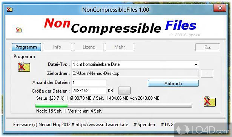 Create one or multiple non-compressible or maximum compressible files to test various apps - Screenshot of NonCompressibleFiles