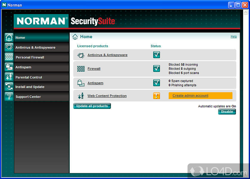 Norman Virus Control: User interface - Screenshot of Norman Virus Control