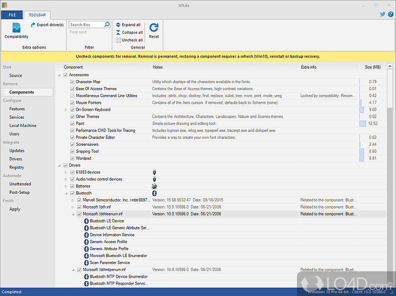 Remove Windows components - Screenshot of NTLite