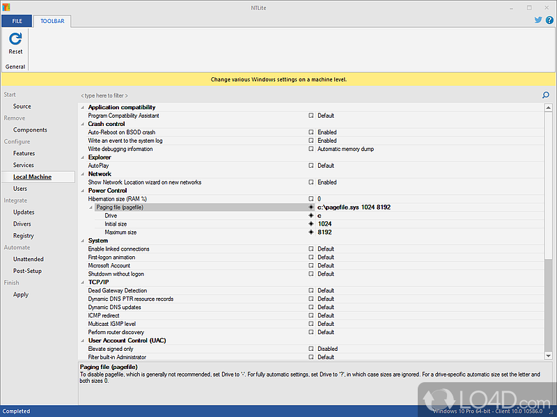 Enable or disable various features and apps bundled with Windows - Screenshot of NTLite