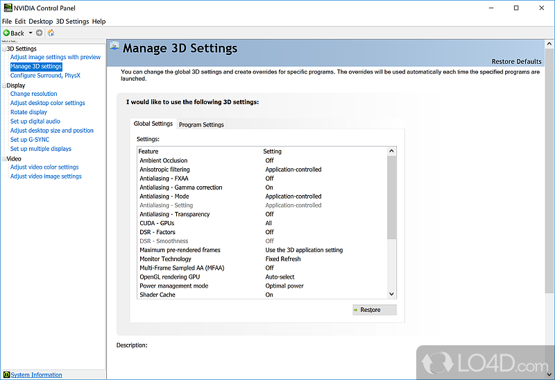 Display management, application, and gaming-specific features - Screenshot of NVIDIA Display Control Panel