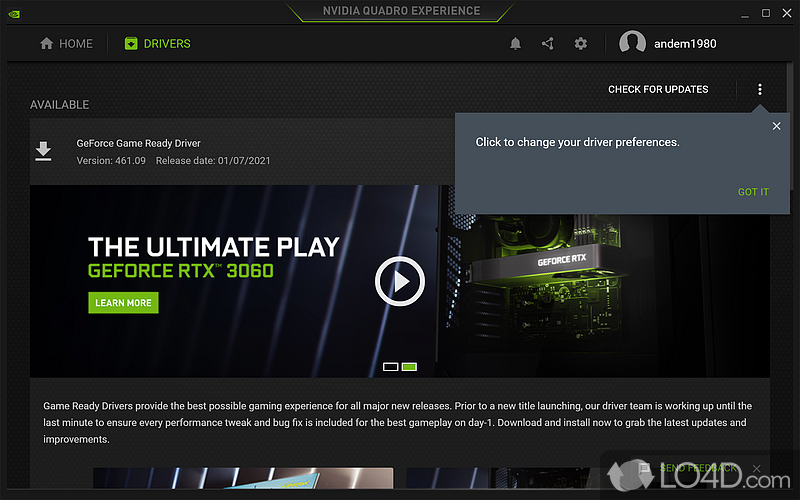 Nvidia Quadro Experience: User interface - Screenshot of Nvidia Quadro Experience