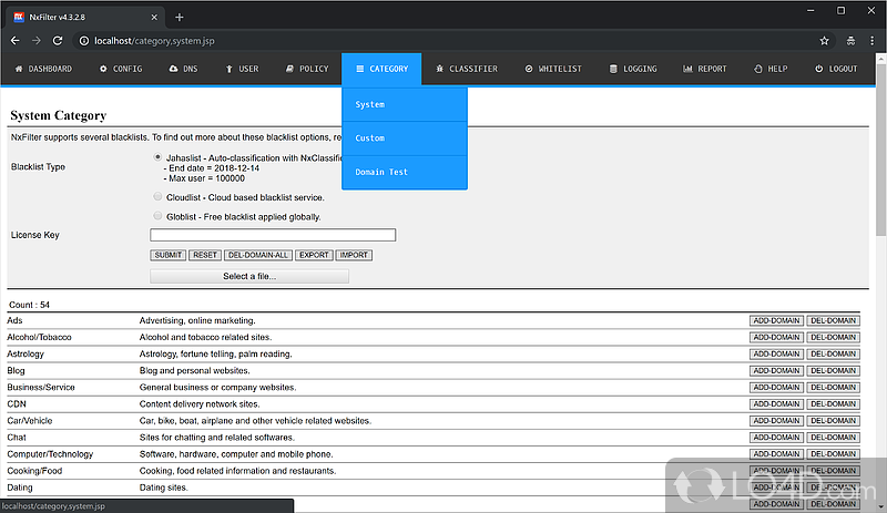 DNS filtering software for blocking certain web sites against malware attacks - Screenshot of NxFilter