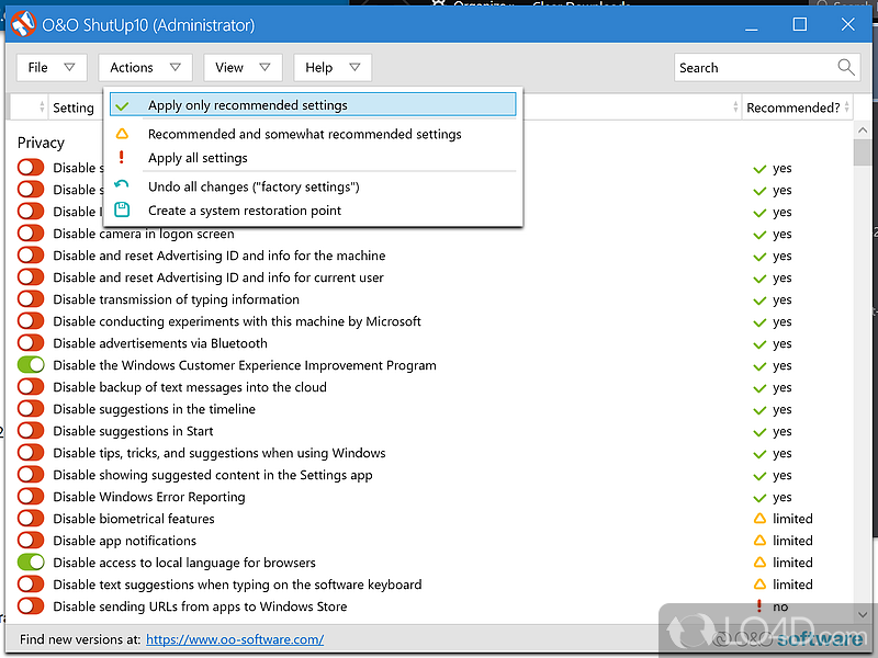 Various range of tweaks for Windows 10 - Screenshot of O&O ShutUp10