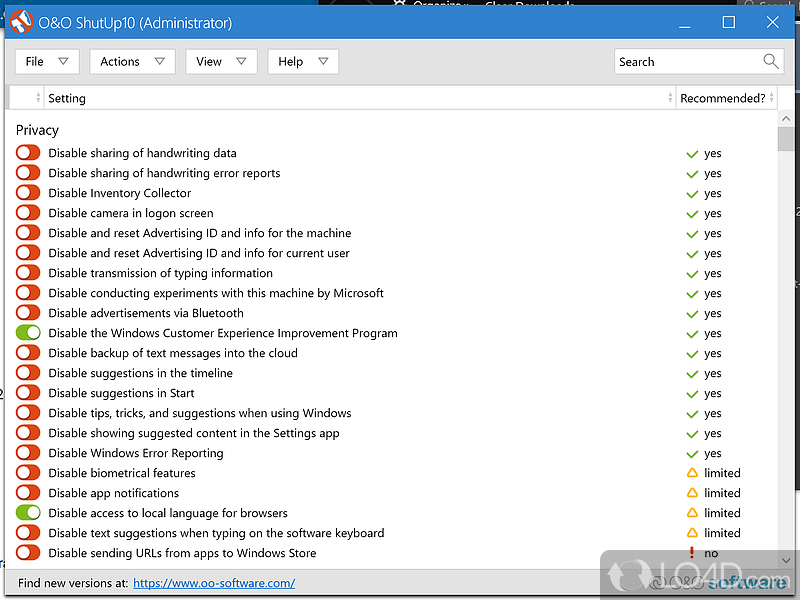 Disable telemetry, localization detection, Cortana, app access to information - Screenshot of O&O ShutUp10