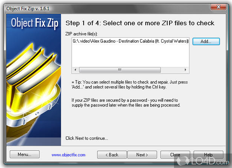 Test archive integrity, reconstruct the original ZIP, and extract files - Screenshot of Object FIX ZIP