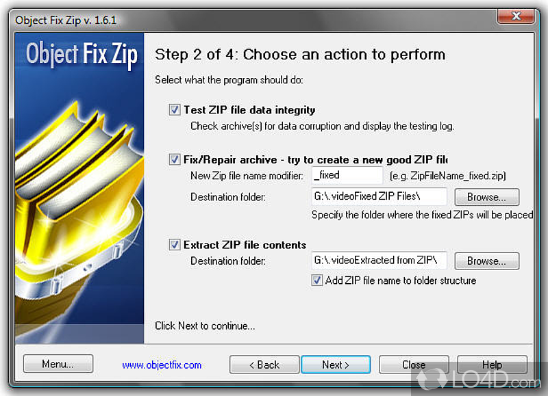 Verify and repair Zip archive files - Screenshot of Object FIX ZIP