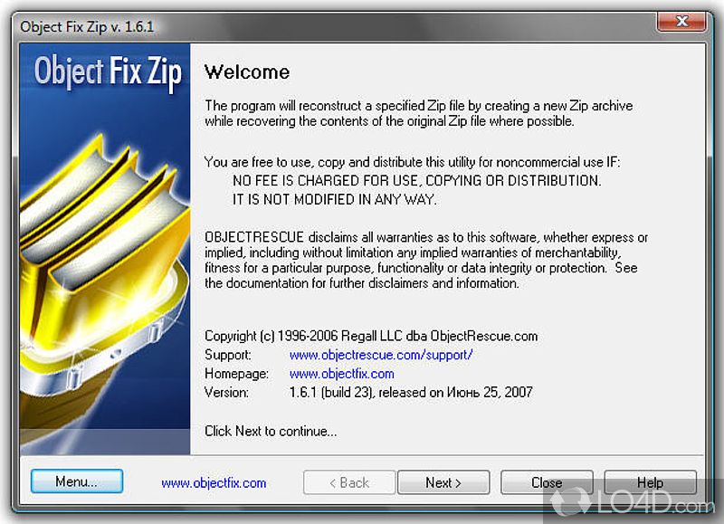 Follow four steps in a wizard - Screenshot of Object FIX ZIP