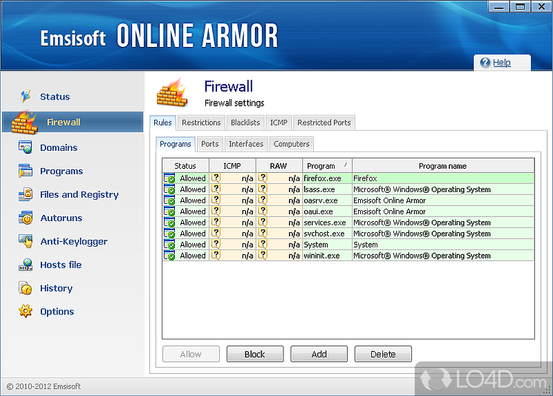 Software solution that protects computer against spyware, malware, trojans - Screenshot of Online Armor Free