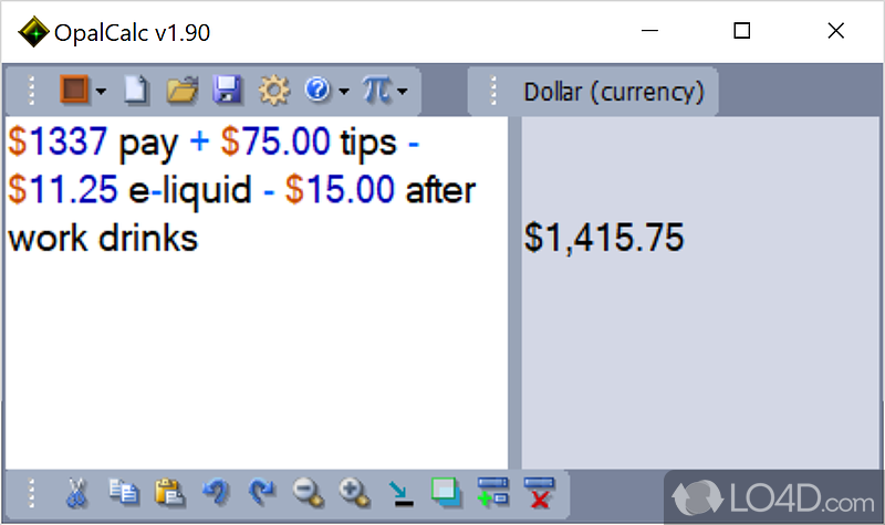 Freeform 'scratchpad' calculator with multi-line, live answers as you type, additionally allowing you to insert words in the sum - Screenshot of OpalCalc