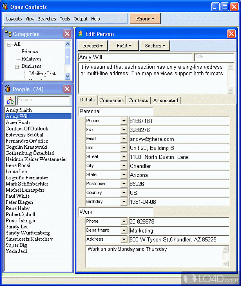 Flexible address book with CRM features - Screenshot of Open Contacts