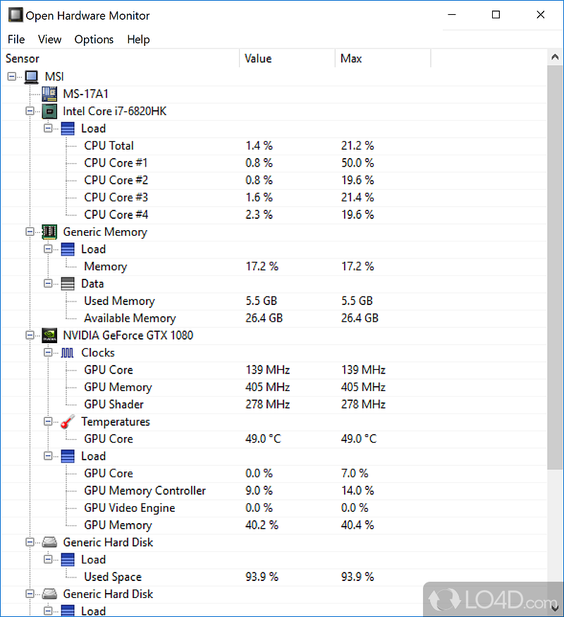 Monitor PC hardware when it comes to temperatures, fan speeds, voltages - Screenshot of Open Hardware Monitor