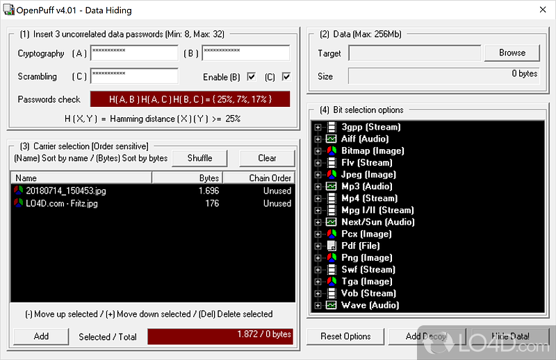 Steganography tool to obscure an encrypt data - Screenshot of OpenPuff