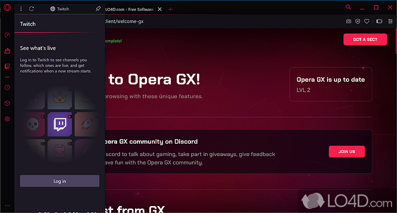 Puts Twitch, Telegram, Whatsapp and other messengers at your fingertips - Screenshot of Opera GX