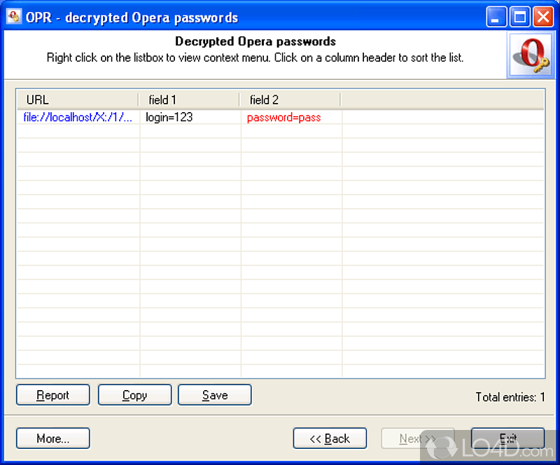 Recovers lost or forgotten passwords from the Opera browser - Screenshot of Opera Password Recovery