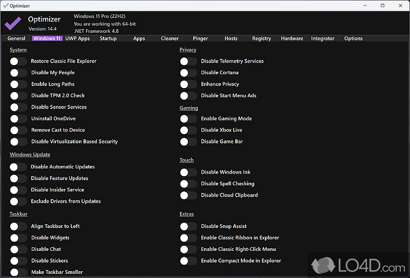 Disable Windows features that may be reducing performance and affecting your privacy - Screenshot of Optimizer