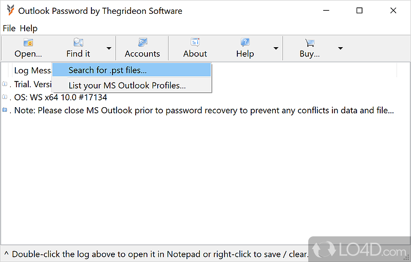 MS Outlook e-mail accounts and pst files password recovery tool - Screenshot of Outlook Password