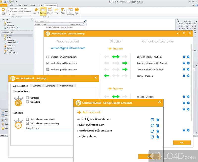 Synchronize Outlook and Gmail accounts by transferring all the important data like contacts and calendar events between them - Screenshot of Outlook4Gmail