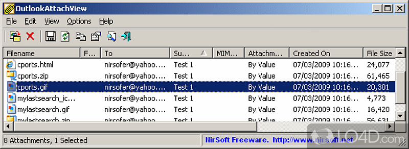 Extract multiple attachments from multiple Outlook accounts - Screenshot of OutlookAttachView