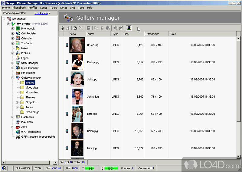 Copy or back up files to or from Nokia device using cable, irDA (infrared) or Bluetooth - Screenshot of Oxygen Phone Manager II