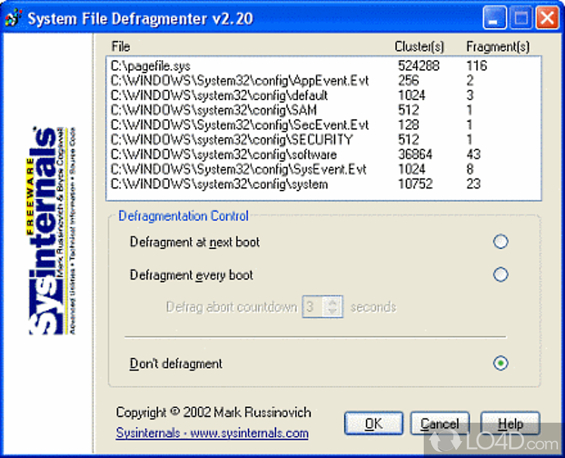 Can contribute to improving overall system performance by running defragmentation jobs on system files at boot time - Screenshot of PageDefrag