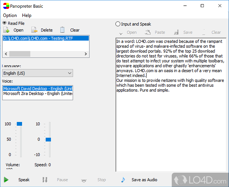 Text to speech converter that supports both files - Screenshot of Panopreter Basic