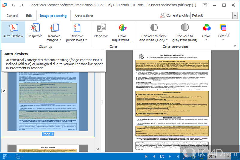 A free scanning tool with image processing like autodeskew, filters, cropping - Screenshot of PaperScan Free