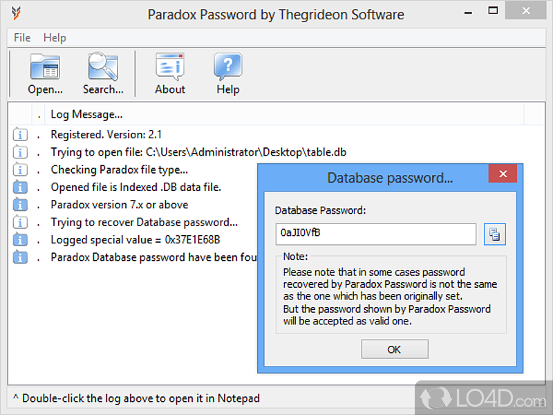 Retrieve Paradox database password - Screenshot of Paradox Password