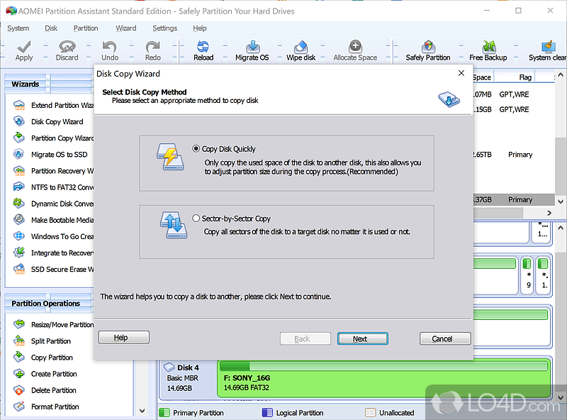 Can change, resize or delete hard disk partitions - Screenshot of AOMEI Partition Assistant Standard