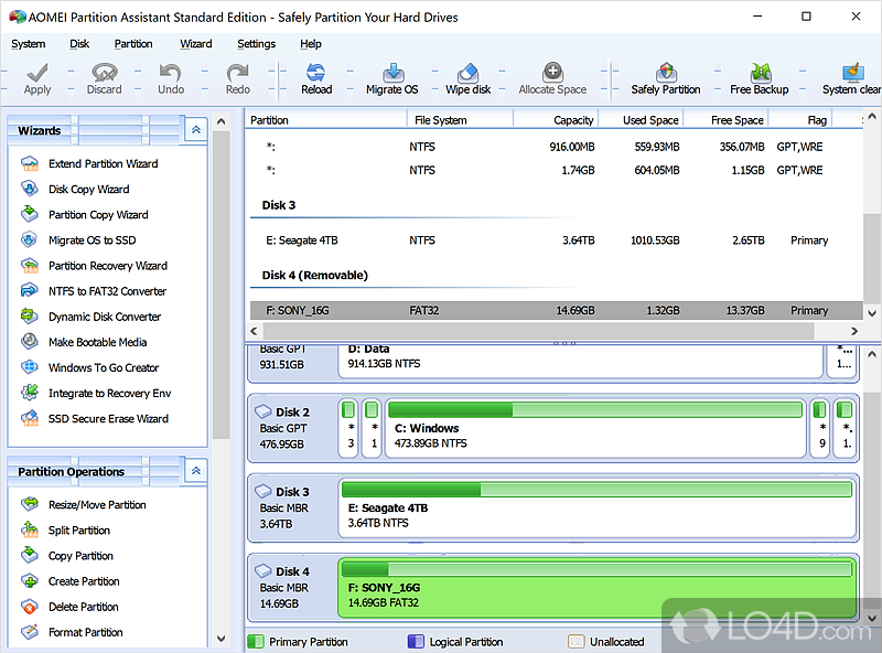 Powerful app to create, resize, merge, backup and recover hard disk partitions in order to improve the computer behavior - Screenshot of AOMEI Partition Assistant Standard