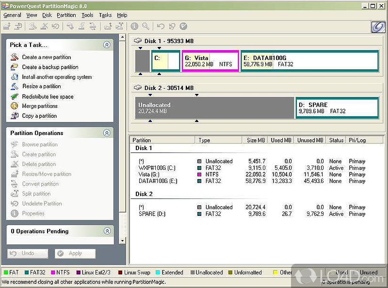 Tool to format the hard disk and make partitions - Screenshot of Partition Magic