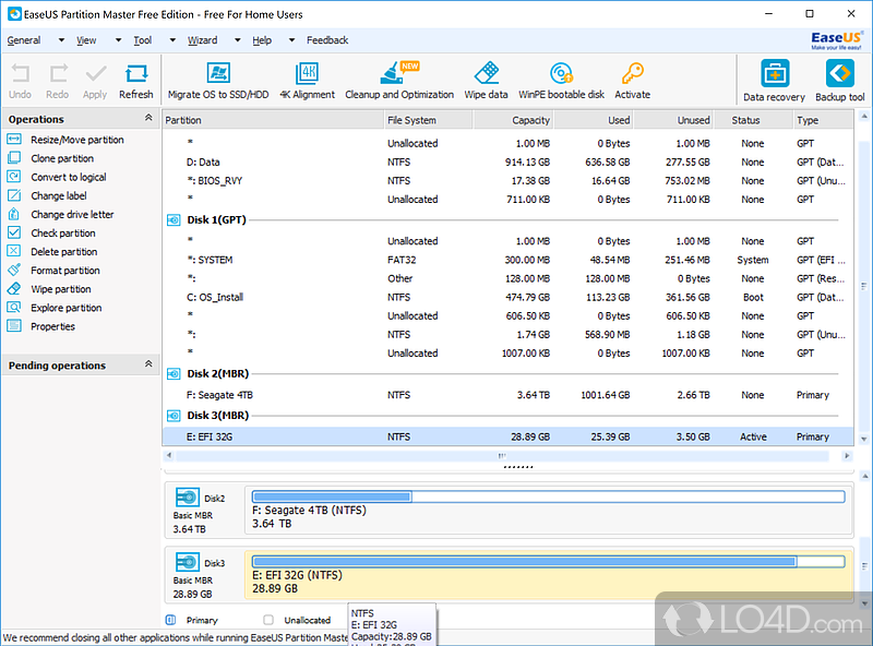 Modify the structure of hard drive, move and copy partitions, change their labels or defragment them - Screenshot of EaseUS Partition Master Free