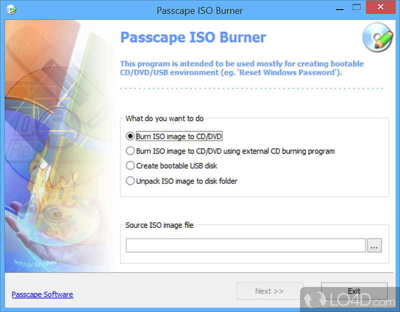 Intuitive wizard to quickly get you through - Screenshot of Passcape ISO Burner
