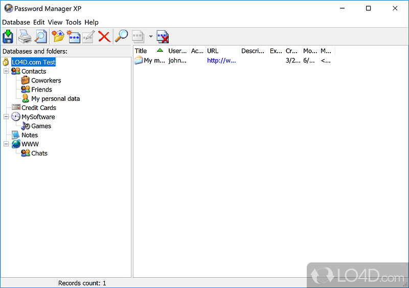 Rich-featured program that helps you store passwords in an encrypted database, add detailed info about accounts - Screenshot of Password Manager XP