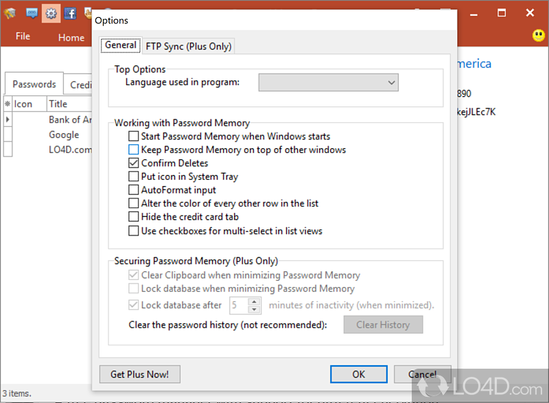 Password Memory: User interface - Screenshot of Password Memory