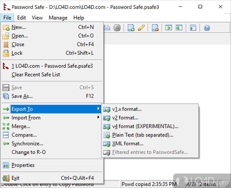 Password Safe: User interface - Screenshot of Password Safe