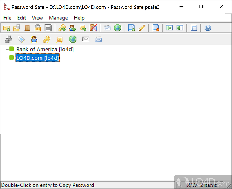 Generate passwords using specific policies and store them securely in an organized manner - Screenshot of Password Safe