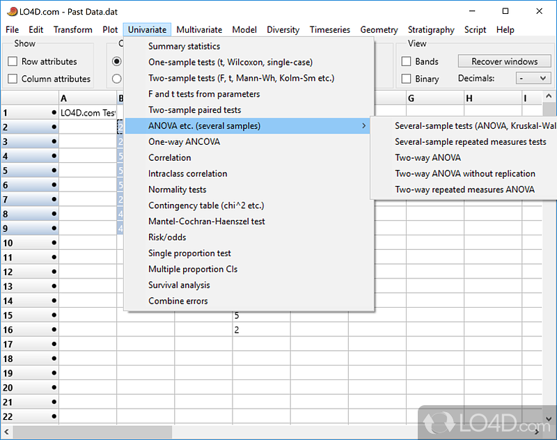 Spreadsheet-style software for scientific analysis of data - Screenshot of PAST