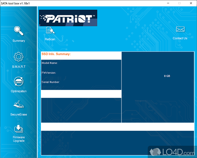 Specially dedicated hard disk utility dedicated to SMART scanning, optimization, secure erasing - Screenshot of Patriot SATA Toolbox