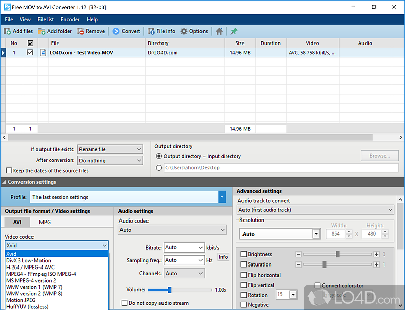 Pazera Free MOV to AVI Converter: User interface - Screenshot of Pazera Free MOV to AVI Converter