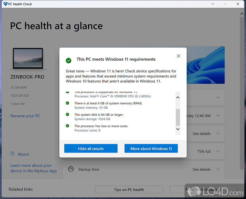 System information listing software - Screenshot of PC Health Check