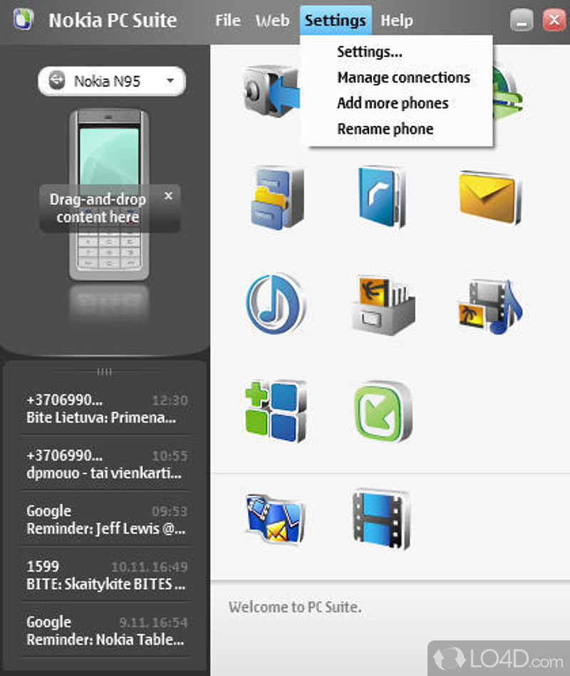 Rich-featured app that helps you transfer files from mobile phone to computer - Screenshot of Nokia PC Suite