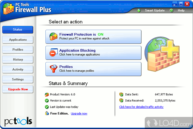 Protects computer from intruders, controls the network traffic in - Screenshot of PC Tools Freeware Firewall