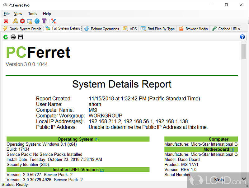 PCFerret Pro: User interface - Screenshot of PCFerret Pro
