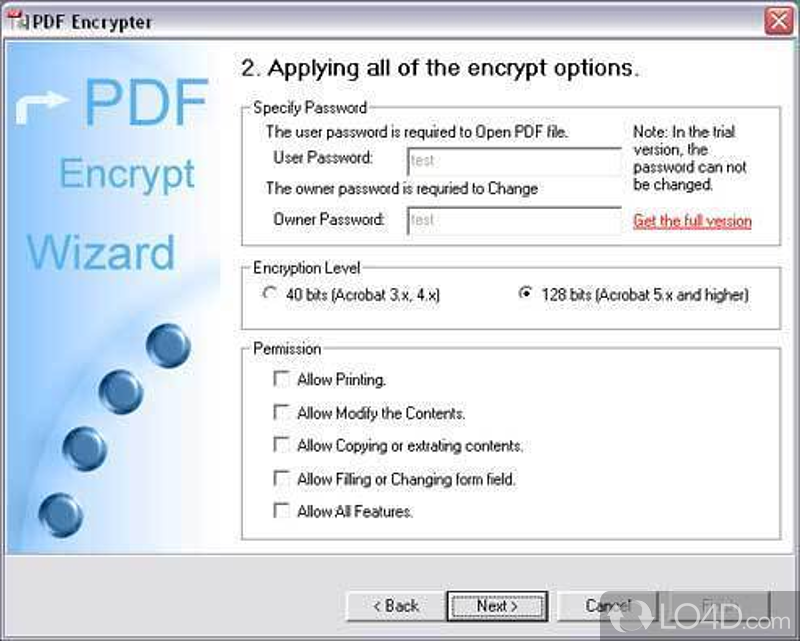 Piece of software that can batch-protect PDF files with both user - Screenshot of PDF Encrypt Tool