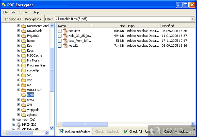 Encrypt PDF files using the 40-bit or 128-bit security level, set permissions (e - Screenshot of PDF Encrypter
