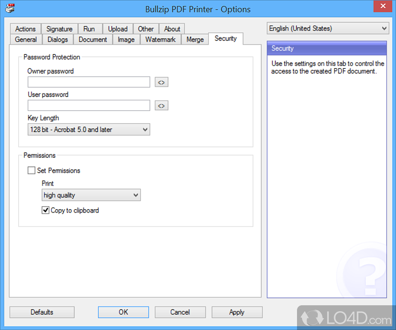 General configuration settings - Screenshot of Bullzip Free PDF Printer
