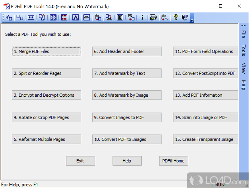 Free PDF Tools to manage PDF files - Screenshot of PDFill PDF Tools