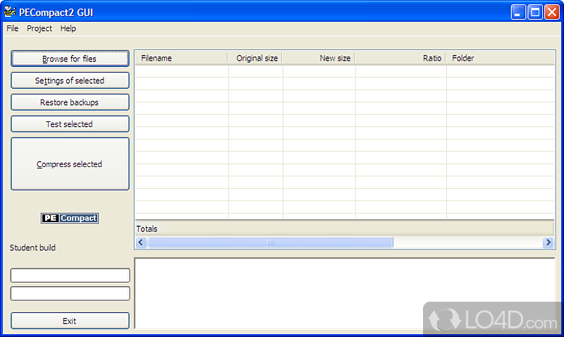 Compresses Windows executables significantly, while allowing them to be run as normal, in order to up space on the hard disk - Screenshot of PECompact